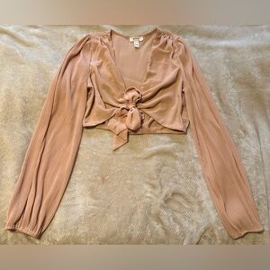Cropped tie front long sleeve top